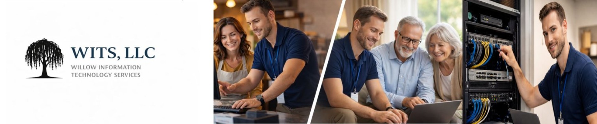 IT technician assisting a small business owner and providing in-home technology support to an elderly couple