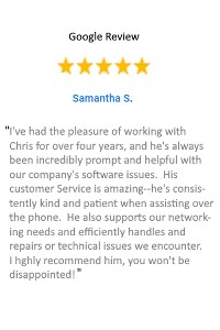 Five-star Google review from Sam S. praising reliable IT support, networking help, and excellent customer service.