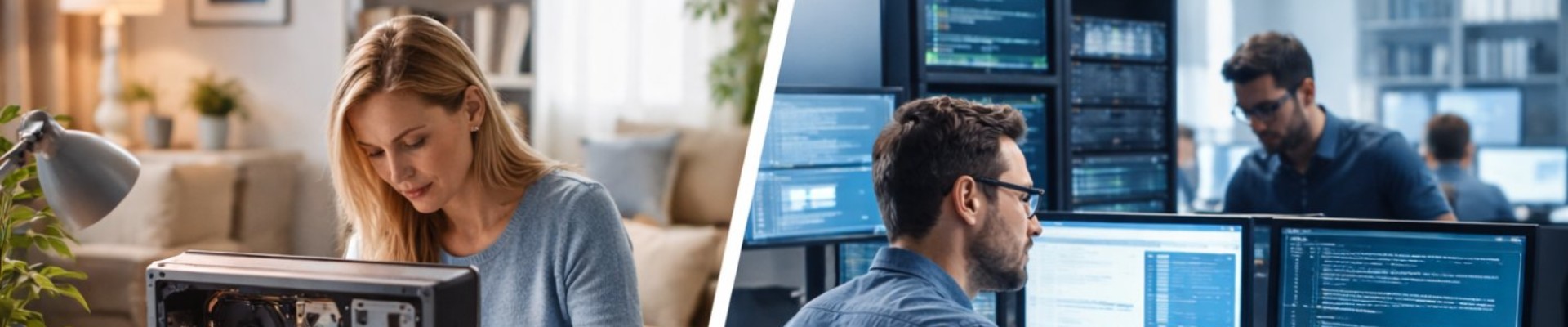 Split image showing home computer repair and small business IT support in a professional office environment